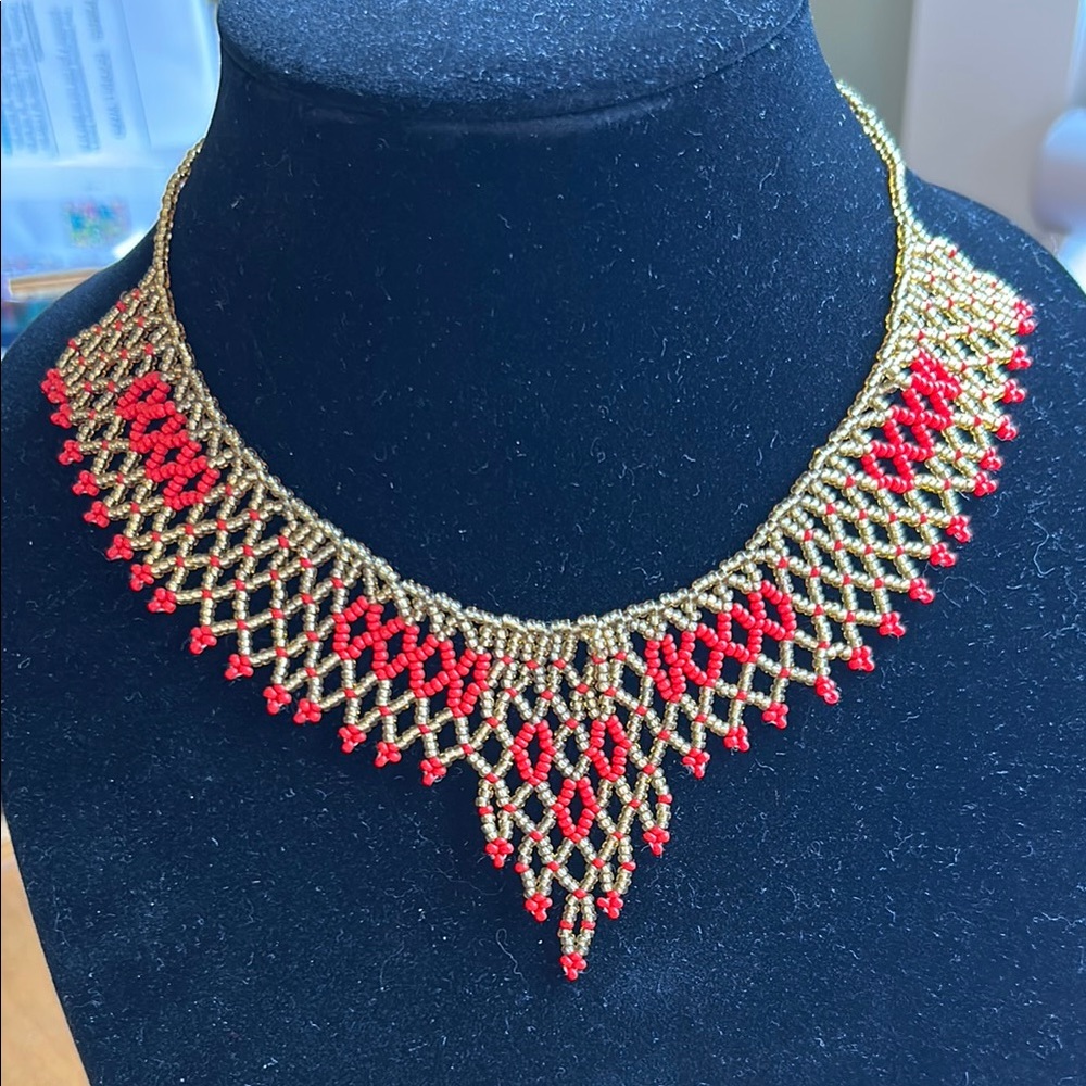 Red and gold glass seed beads Asian India vibe bib necklaces soft light art!